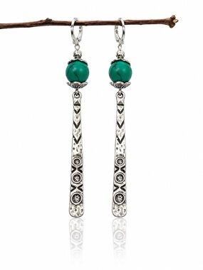 Turquoise Boho Bar Earrings, Silver Tribal Dangles
